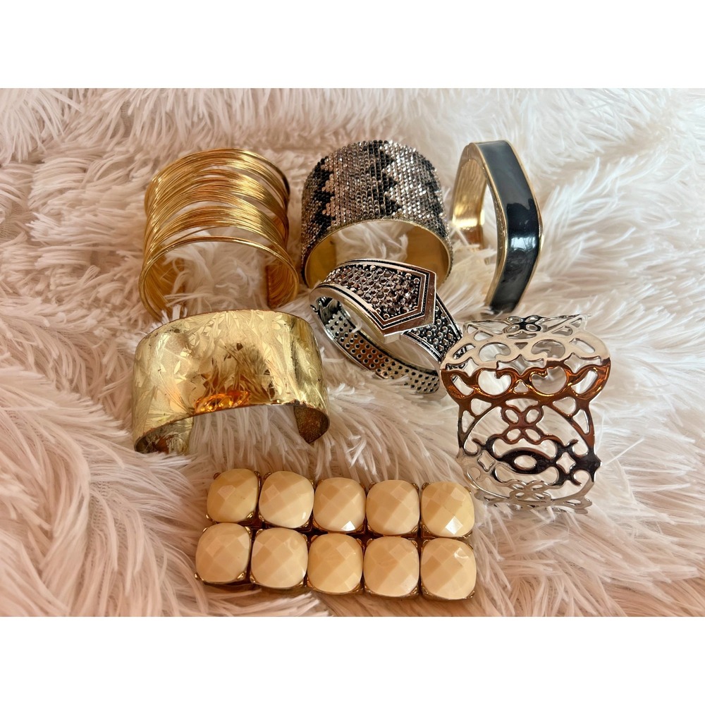 Statement Cuff Bracelet Lot Gold Silver Enamel Rhinestone Wide Bangles Chunky 7